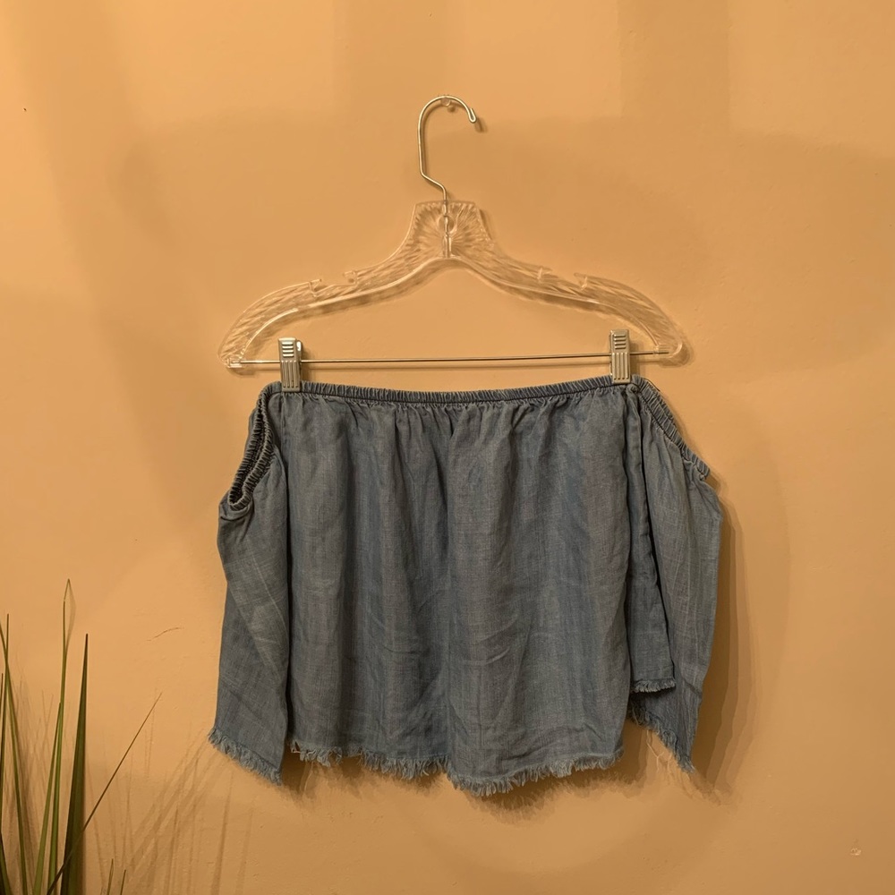 Vibrant Miu Off the Shoulder Top with Frayed Hem